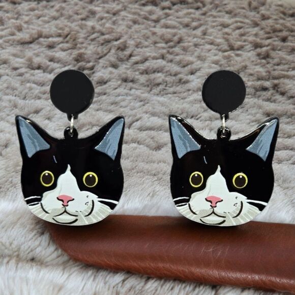 Large Black Tuxedo Cat 🐈‍⬛ Dangle Earrings Gothic Tuxie Kitty Cute Gift NEW Tux - Picture 3 of 5